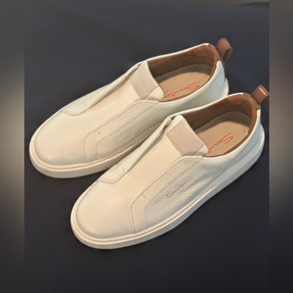 Santoni Shoes - Semi-NEW white tumbled leather slip-on sneaker